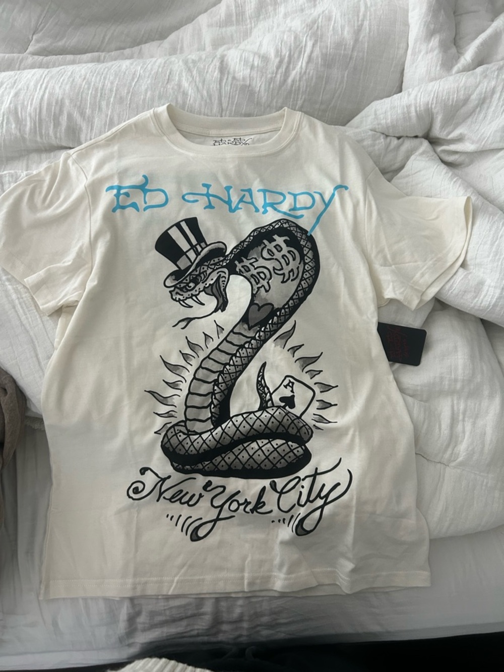 Ed Hardy Cream Tee with Black Tag and Red Logo